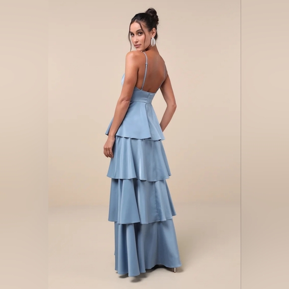 Lulus Going with Elegance Slate Blue Satin Tiered Gown Wedding Party Prom Formal - Picture 5 of 8